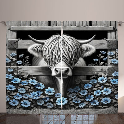 Ambesonne Curtains 2 Panel Set, Monochrome Farmhouse Cow, Grey Black and Blue -  p_429829_108x84