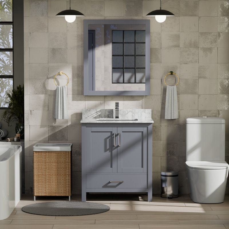 Ensemble de meuble-lavabo simple 30 po Jacques, Gris foncé, Marbre de Carrare blanc