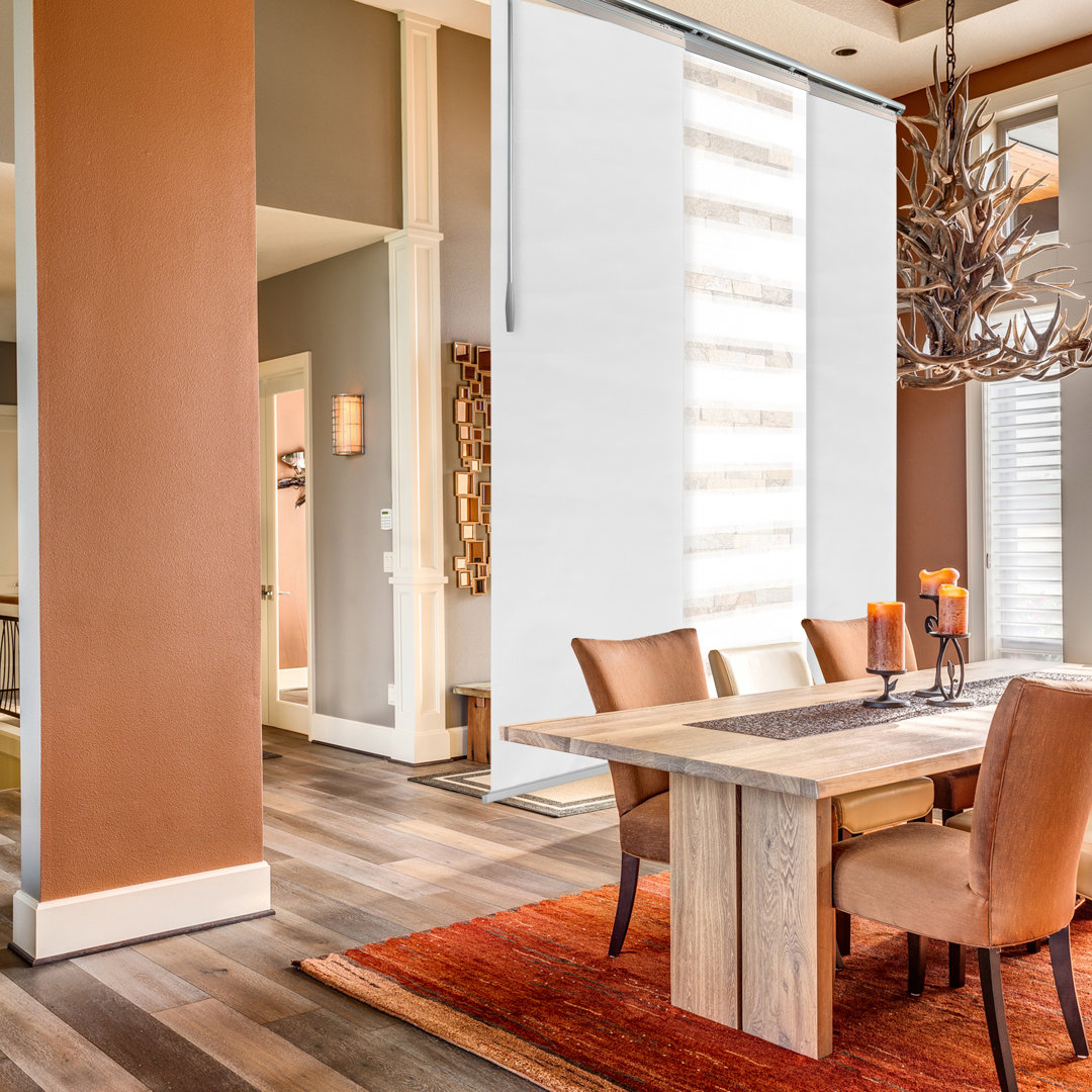 3-Panel Single Rail Panel Track Extendable 36"-66"W x 94"H, Panel width 23.5", Macadamia, Chiffon Rod Desyne