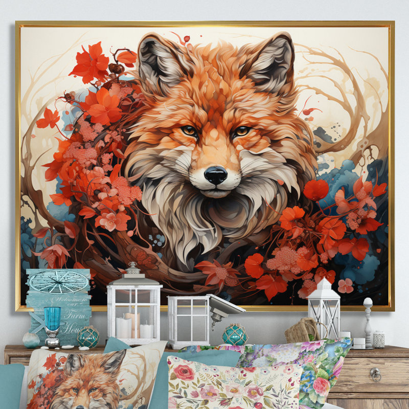 Japon Art Mystical Kitsune I - Japan Art Wall Decor, H 34 po x l 44 po, Cadre flottant doré