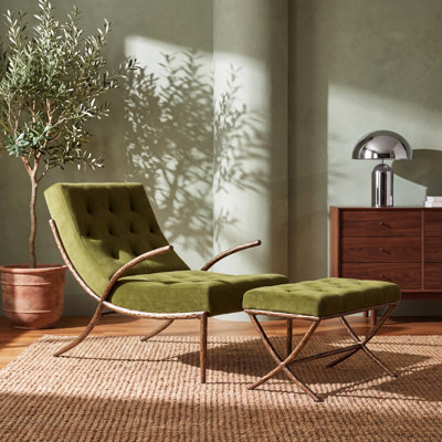Cormac Mid-Century Modern Tufted Accent Chair with Sculptural Curved Metal Frame & Matching Ottoman