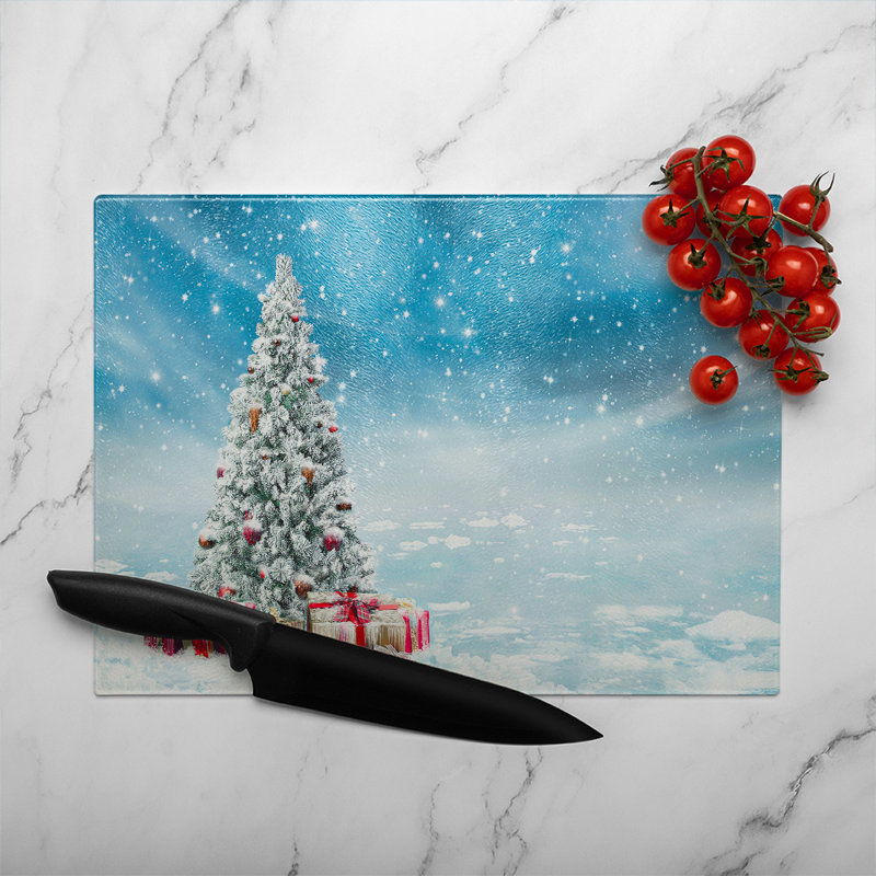 Beautiful Decorated Snowed In Christmas Tree Dining Glass Chopping Board