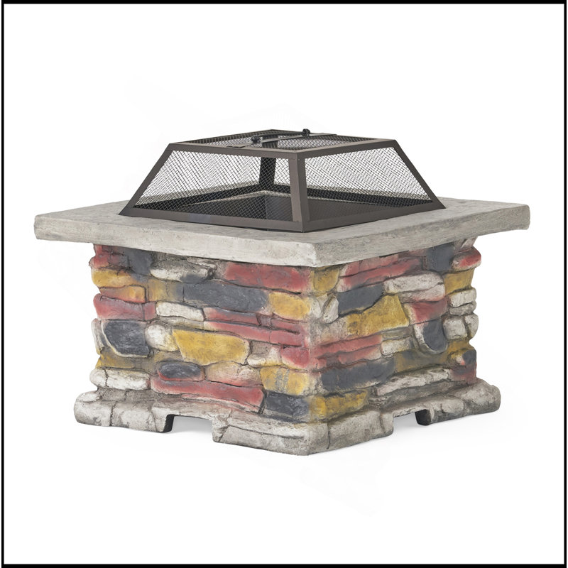 28" Concrete Wood Burning Outdoor Fire Pit Table With Lid, Stone Gray