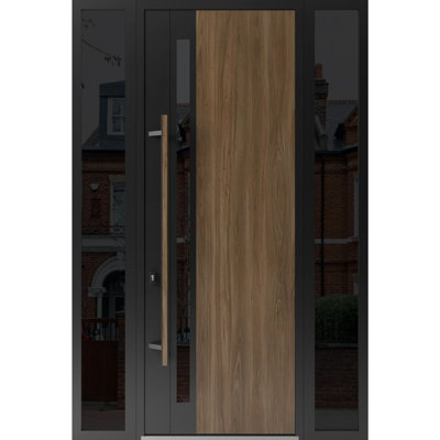 Front Exterior Prehung Steel Door Dekton 0163 Venezia Noce 2 Side Exterior Windows Sidelites/ Entry Metal Modern Painted W16+36+16 x H96 Right hand Inswing