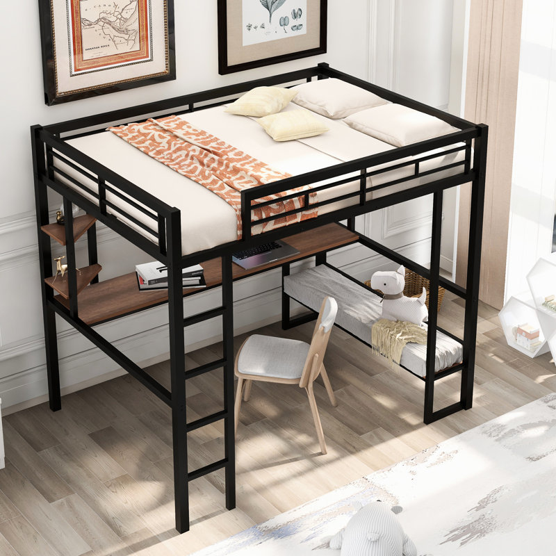 Lit mezzanine double noir avec bureau et tablettes allongés - Solution ergonomique de mobilier de bureau à domicile