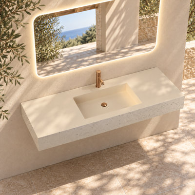 Lavabo mural rectangulaire de 119 cm (47 po) en résine de pierre, de style moderne, avec trou pré-percé pour robinetterie.