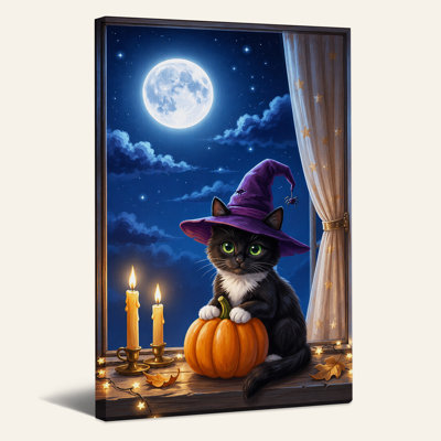 Chat noir avec un chapeau de sorcière mauve tenant une toile d'Halloween orange