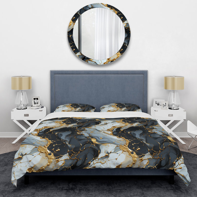 Ensemble de housse de couette en marbre doré doré et noir luxe Marble Splendor
