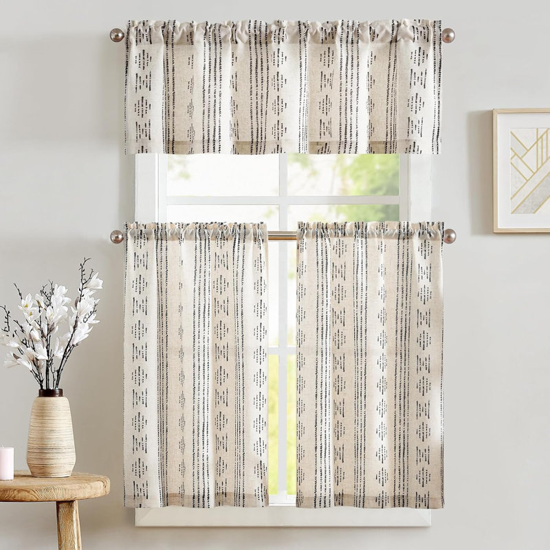 Rideaux de cuisine bohème avec passe-tringle, Gris, L 52 po x L 24 po
