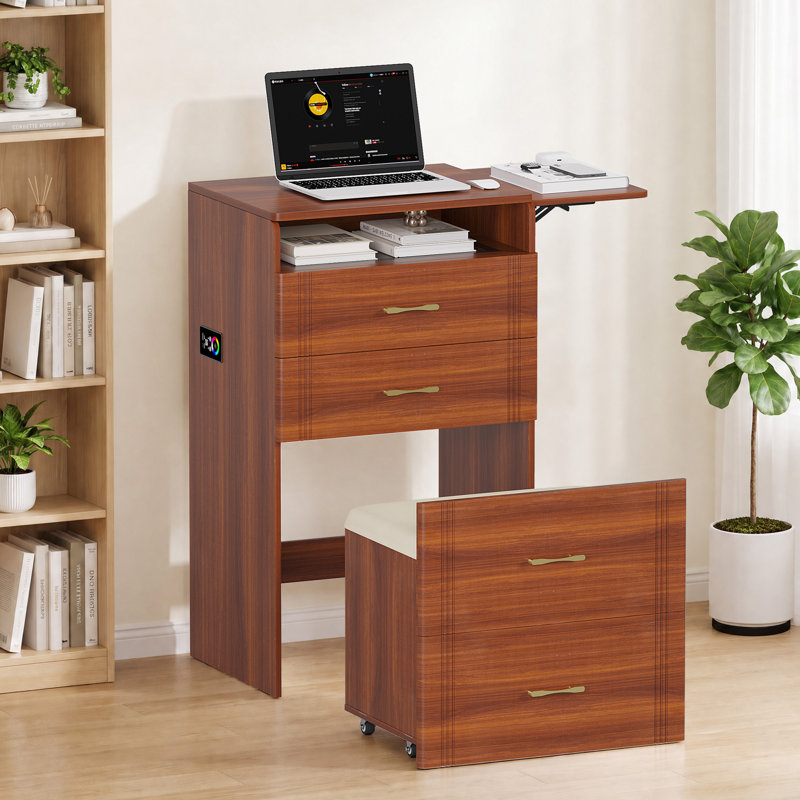 Meuble-lavabo 3 tiroirs avec miroir rabattable et lumières à capteur RVB, Brown
