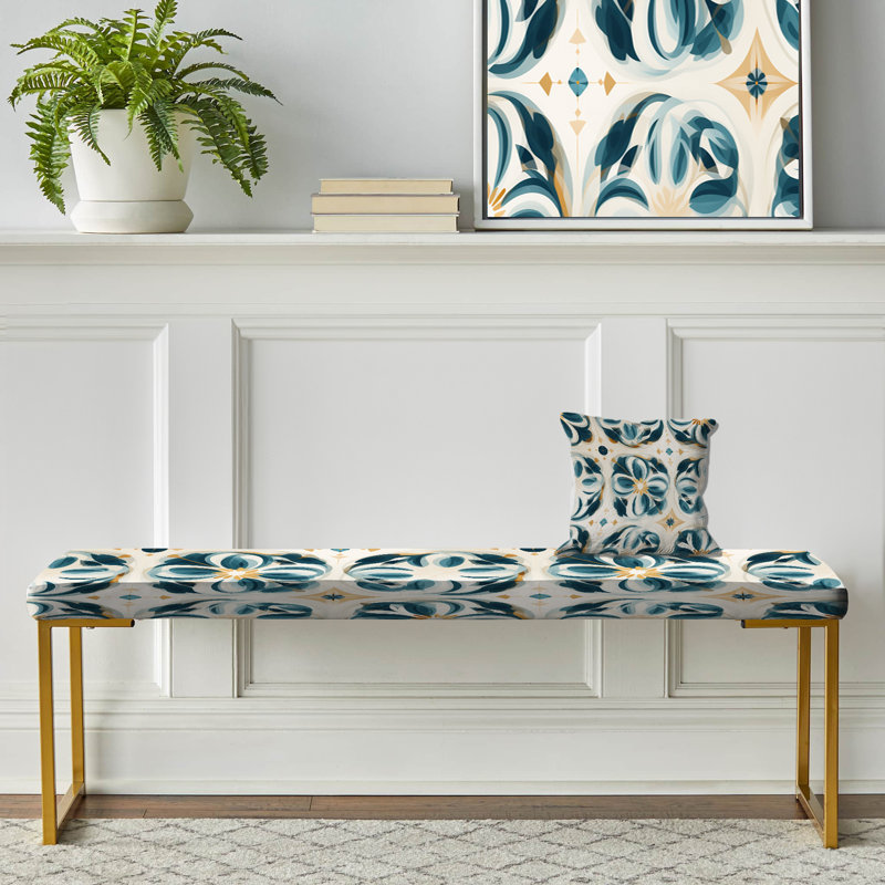 Blue Vintage Moroccan Tiles Dream - Damask Upholstered Gold Bench