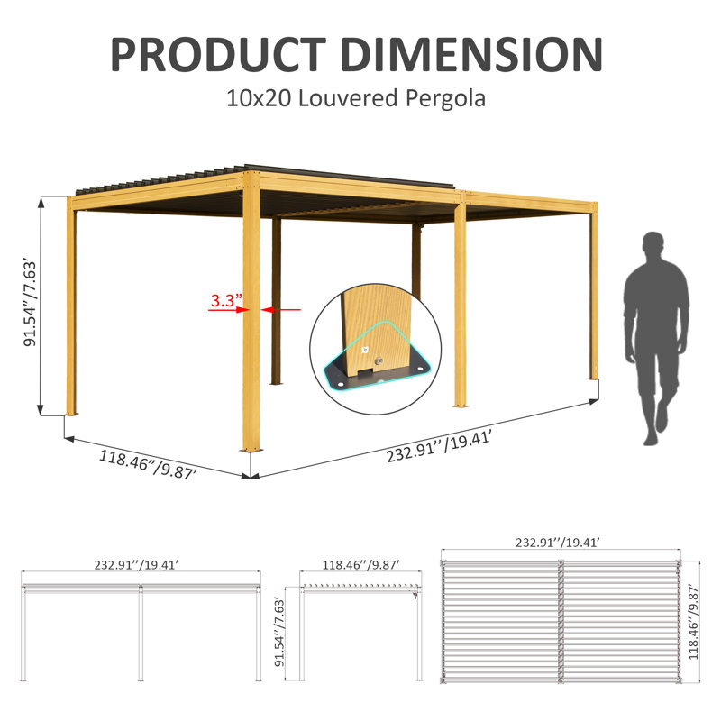 20 Ft. W x 10 Ft. D Aluminum Pergola with Canopy, Antique Brown
