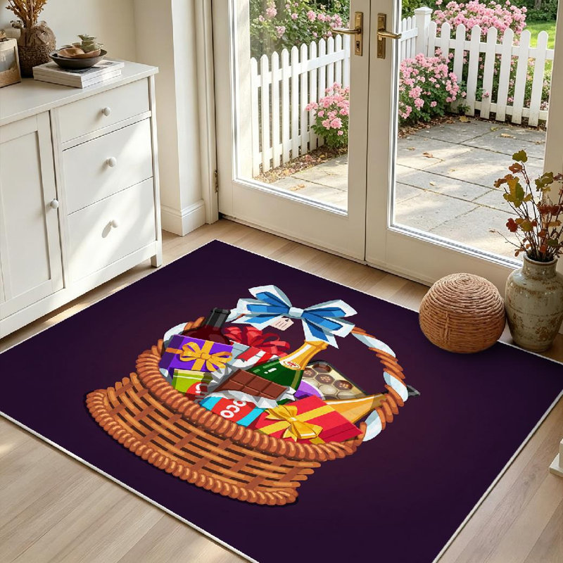 Tapis d'intérieur transparent lavable à la machine, panier-cadeau en osier rempli de cadeaux, Rectangle 39" x 63"
