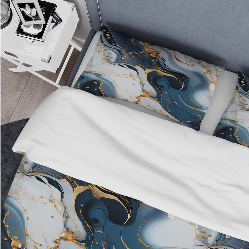 Twin Blue and Gold Marble Pattern Duvet Cover Set