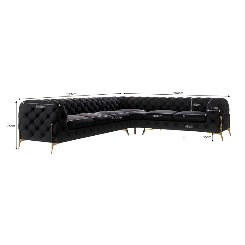 Chesterfield Corner Sofa L-Shape  with Gold Metal Legs, Black, Left Hand Facing