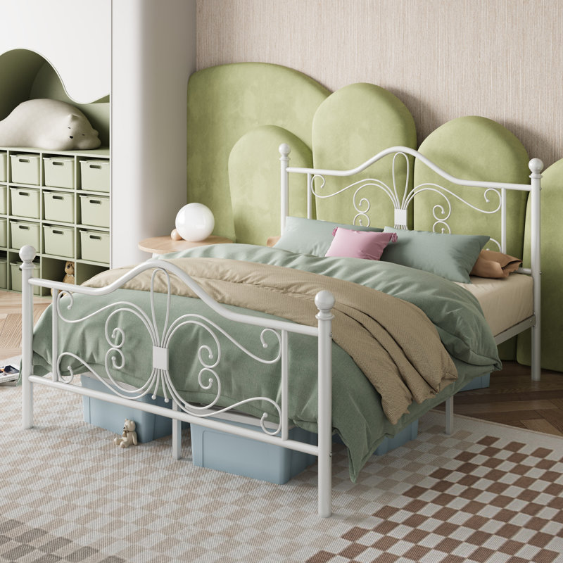 Anterrio Metal Open-Frame Bed with Butterfly Pattern Design Headboard and Footboard, Queen, White