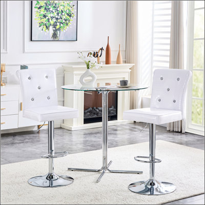 Modern Bar Table and Stools Set, Round Glass Top Pub Table with Silver Chrome Base & 2 White Crocodile Embossed PU Leather Adjustable Swivel Stools