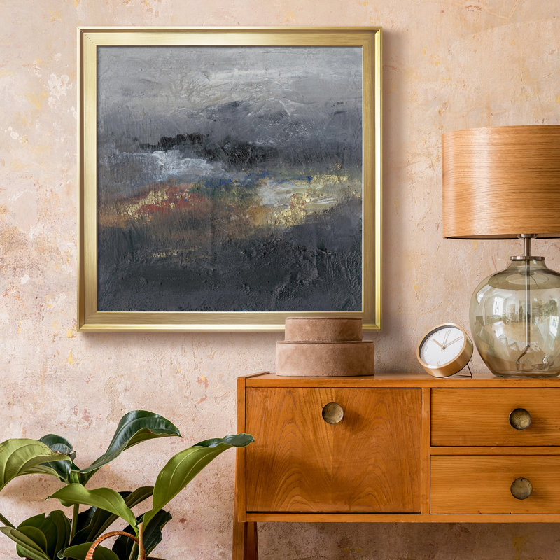 Montagnes dans la brume III - Toile encadrée de qualité supérieure - prête à être accrochée, Toile avec cadre doré