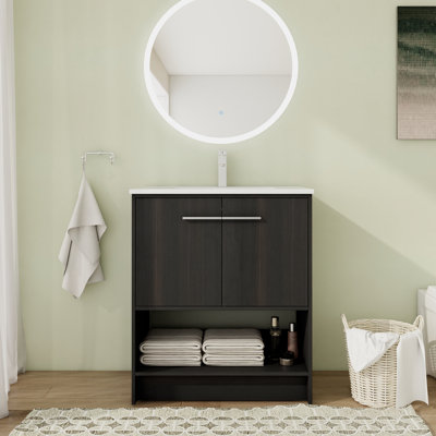 Meuble-lavabo autoportant simple avec plateau en céramique et portes à fermeture en douceur