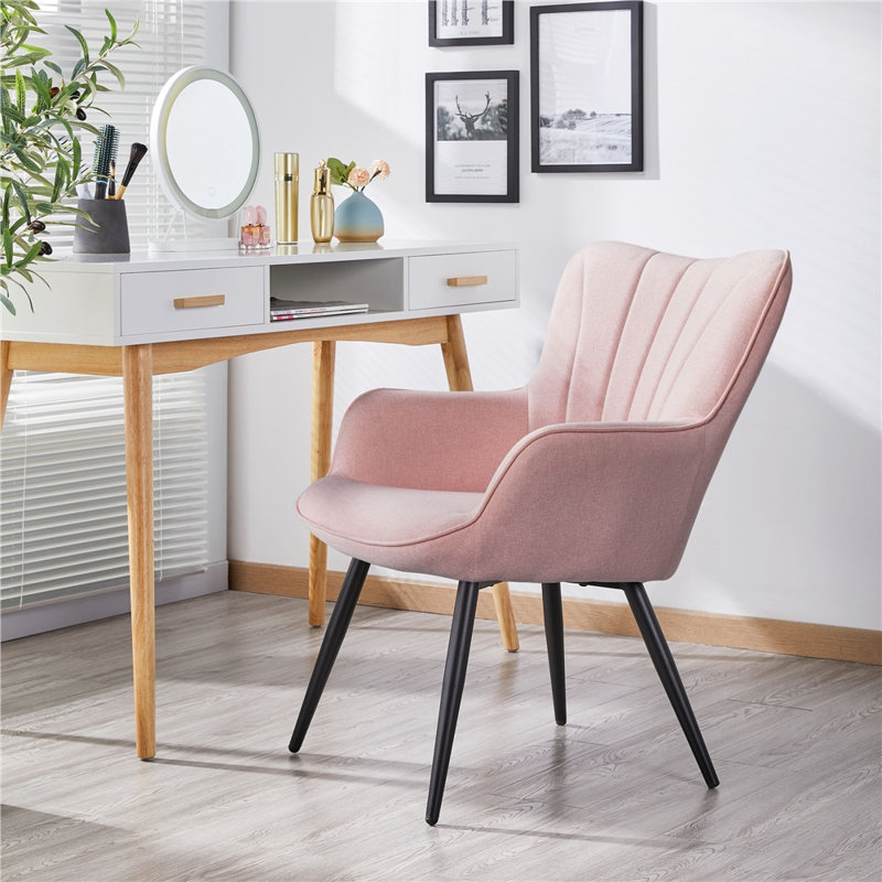 color Upholstered Armchair, Modern  Accent Chair with Wing Side and Metal Legs, Black, Pink Linen