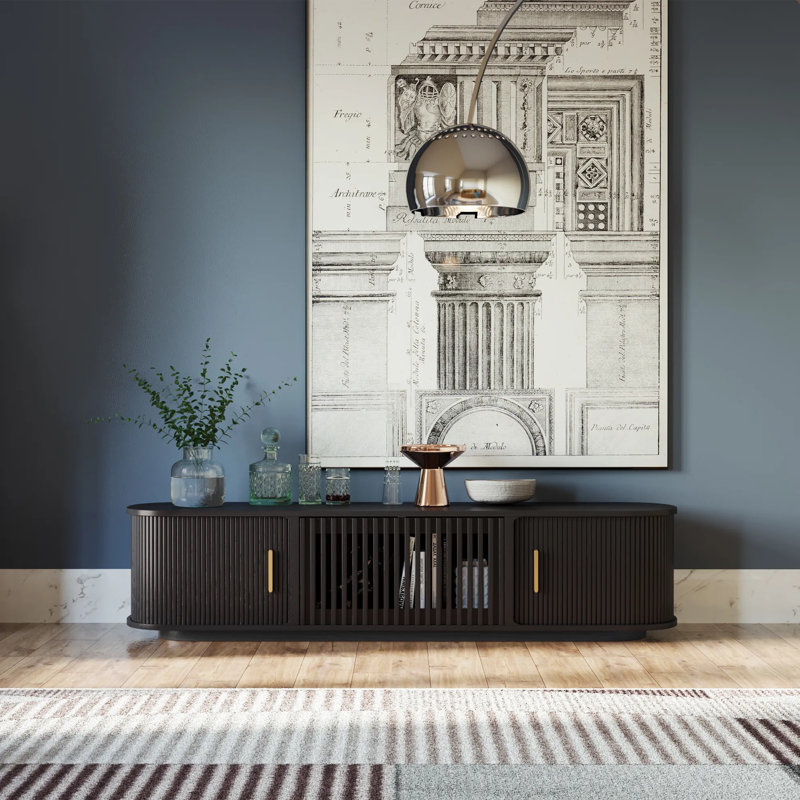 Mid-Century Modern Tambour Door TV Stand, Fully-Assembled, 16.54"H x 70.87"L x 15.75"W, Black