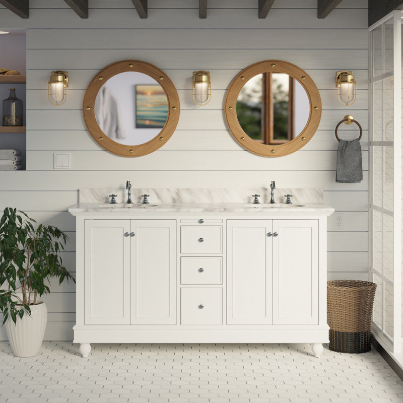 Ensemble de meuble-lavabo double 60 po Ferdinand, Blanc, Marbre de Carrare