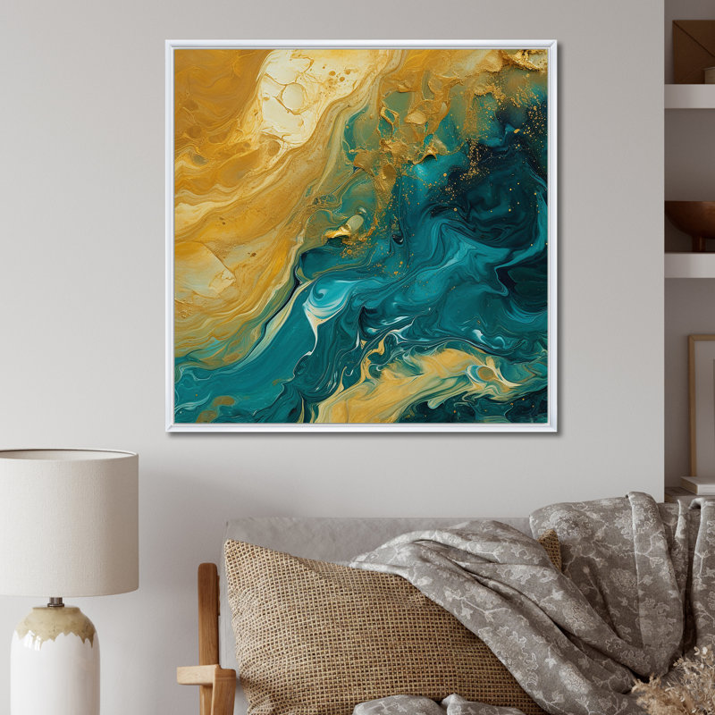Golden Sunshine in Deep Blue Ocean Abstract - reproduction d'art sur toile, 16" H x 16" W, Cadre flottant blanc