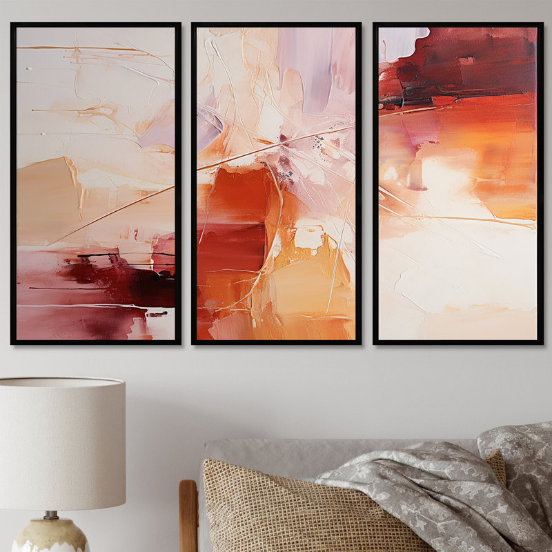 Ensemble de salon déco triangulaire rouge orange - Collages abstraits, Cadre flottant noir, H 40 po x l 60 po x P 1 po