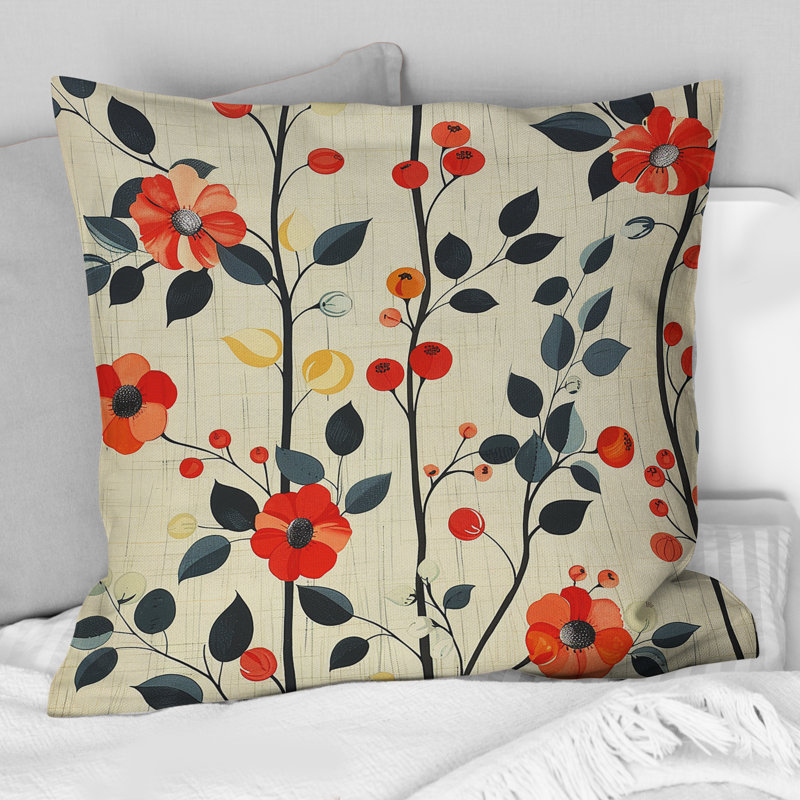 Coussin décoratif orange et vert floral harmonie - Mid-Century, H 18 po x l 18 po