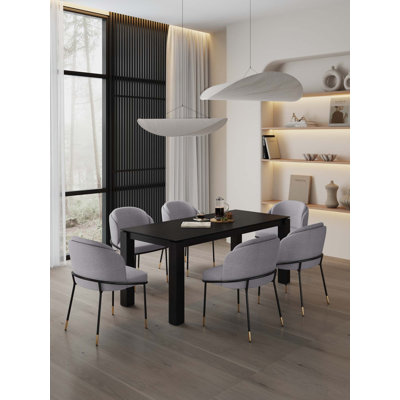 Flor and Rockaway 7-PIece Modern Solid Ash Wood Dining Set with Twill Weave Upholstered Chairs in Gray and Black