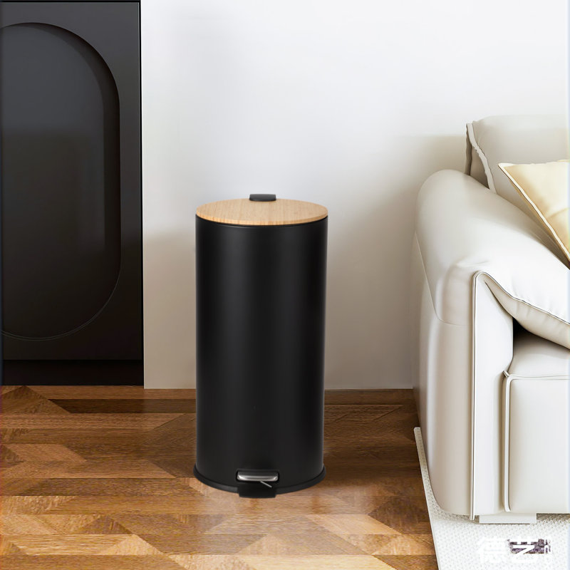 Poubelle à pédale en acier inoxydable de 8 gallons (30 L) avec couvercle en bambou à fermeture en douceur et seau intérieur amovible, finition résistante aux empreintes digitales, poubelle élégante et durable
