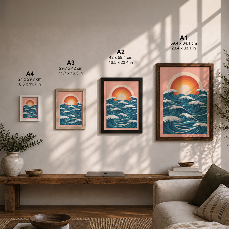 Sun Over Waves Coastal - Framed Print, A1 - 84.1 x 59.4 cm, Oak