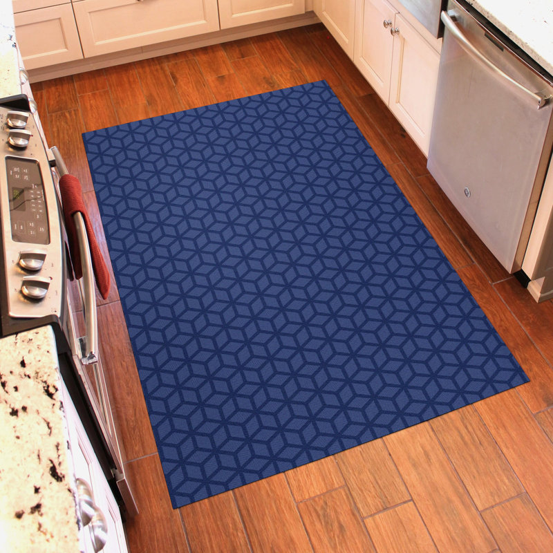 Tapis de cuisine à profil bas Un-Rug Cubics Rube par Matterly, Rectangle 4 pi x 6 pi, Bleu