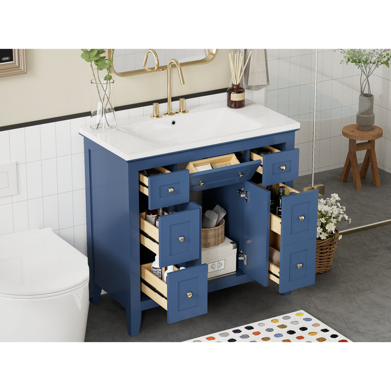 de salle de bain de 4 pouces avec lavabo en résine, 6 tiroirs, 2 armoires - Structure moderne en bois massif autoportant, bleu