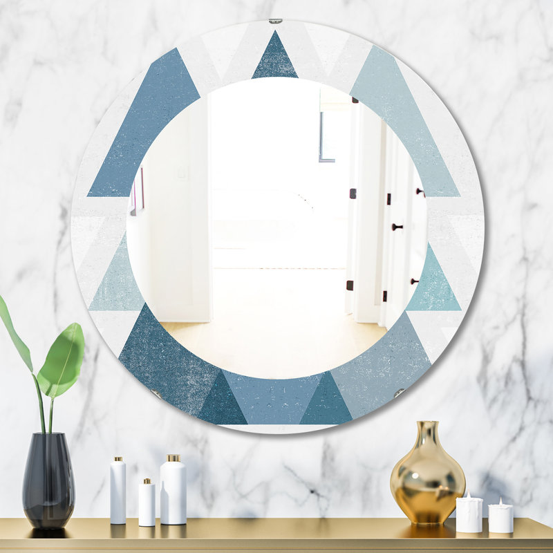 Miroir mural Minimal Triangles, imprimé Mid-Century ovale / rond - Minimal Triangles IV - bleu, H 23,6 po x l 23,6 po
