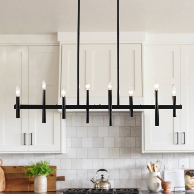 Lustre linéaire industriel pour îlot de cuisine à 8 lumières pour salle à manger de table de billard, Noir mat, 8 lumières