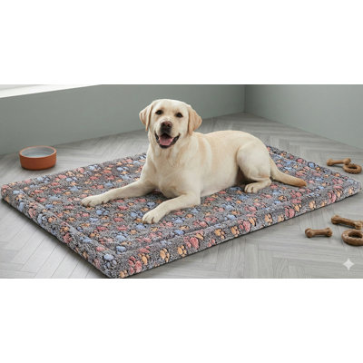 Dog Crate Pad Measuring 42 by 28 Inches, Machine-Washable Crate Mat for Extra-Large Sized Dogs, Non-Slip Pet Crate Bed and Kennel Pad, Durable Cozy Puppy Sleeping Mat in Rectangular Shape, Featuring Colorful Paw Print Design