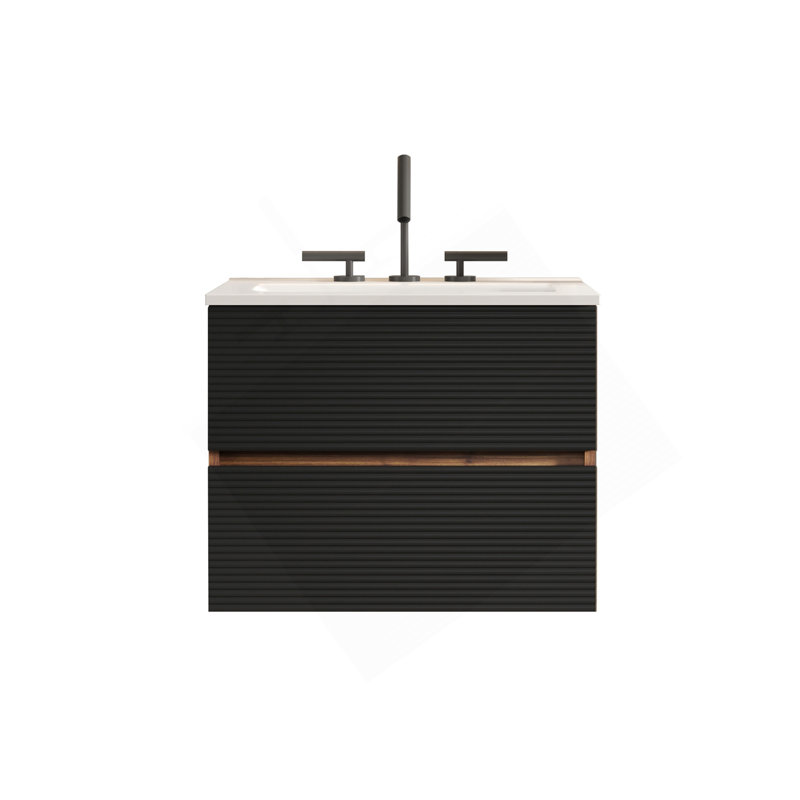 24" Wall Mounted Soft Black & Walnut Bathroom Vanity With Integrated Ceramic Sink With Overflow, With 3 Holes, Large Storage Floating Bathroom Vanity For Modern Bathroom