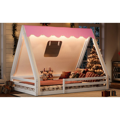 Full Floor Bed With Teepee Tent And , White Pink, For Independent Sleep, Featuring Wood Guardrails White+Pink Solid Wood, An Imaginative Space