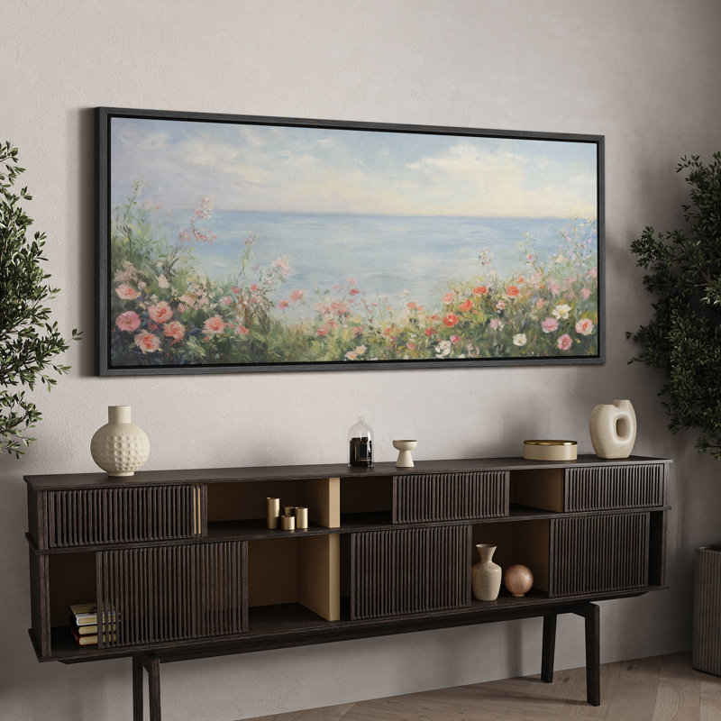 «Coastal Wildflowers and Ocean View», grande impression sur toile encadrée pour décoration Cottagecore, Noir