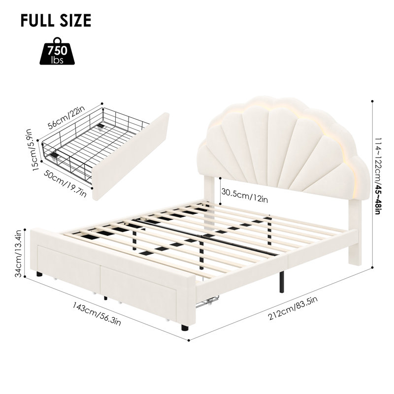 Burlyn Upholstered LED Bed Frame with Drawer & Adjustable Headboard, White, Full