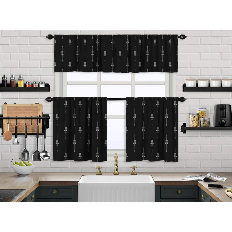 Boho Design Kitchen Valance, 2 Tiers Curtain, African Mud, Window Valance Treatments, Cafe Curtains, Black, 24" W x 30" L