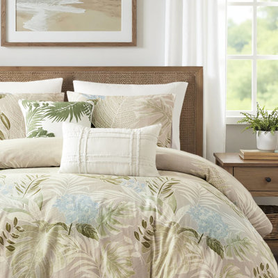 Housse de couette en coton 5 pièces pour impression botanique tropicale double / grand, fermeture à boutons, attaches intérieures, coussins tricotés avec coussins brodés, motif bleu, lavage en machine, étiqueté