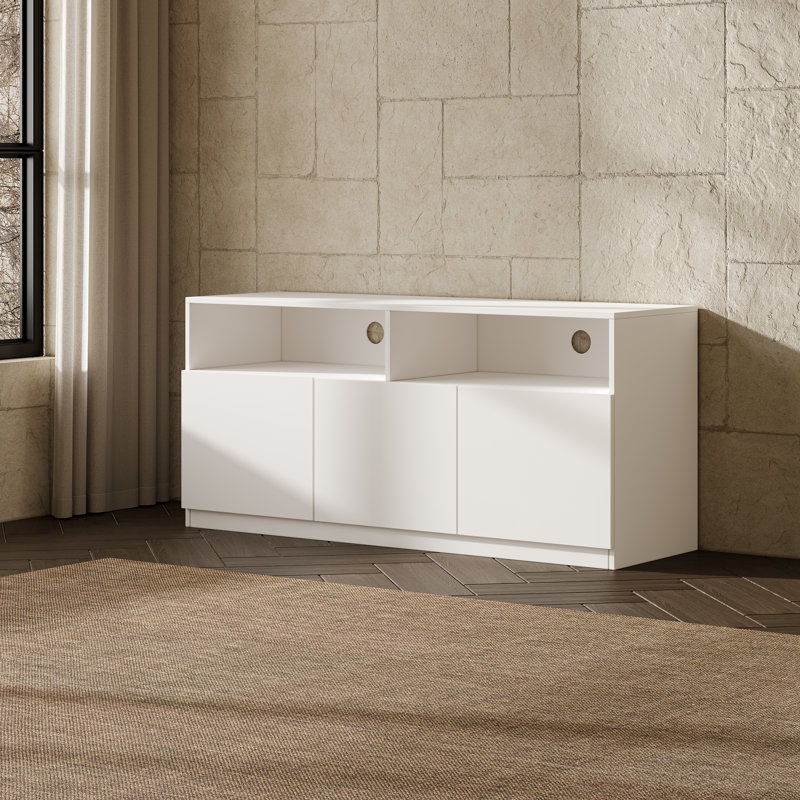 Meuble télé blanc 47,2 po pour téléviseur de 50 po, console multimédia compacte en bois moderne avec armoires de rangement et gestion des câbles pour les petits espaces de la chambre à coucher du salon