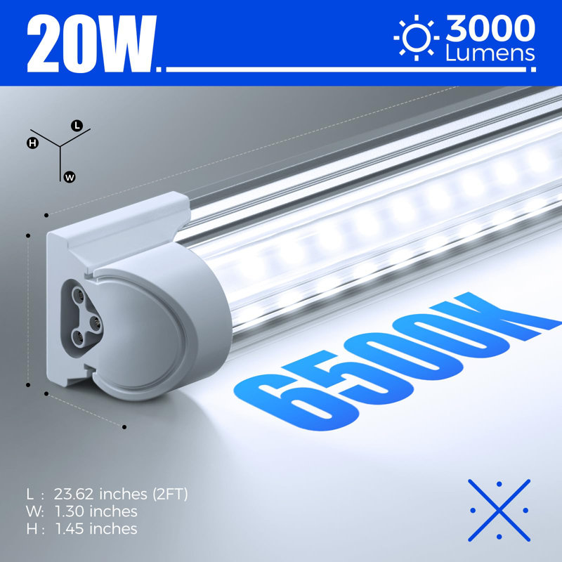 Luminaire à DEL Barrina 2ft, 20w 3000lm 6500k, luminaire à DEL T8, couvercle transparent, plafonnier et lampes tubulaires raccordables utilitaires pour la pièce, le garage, l'établi, l'entrepôt, 2 paquets