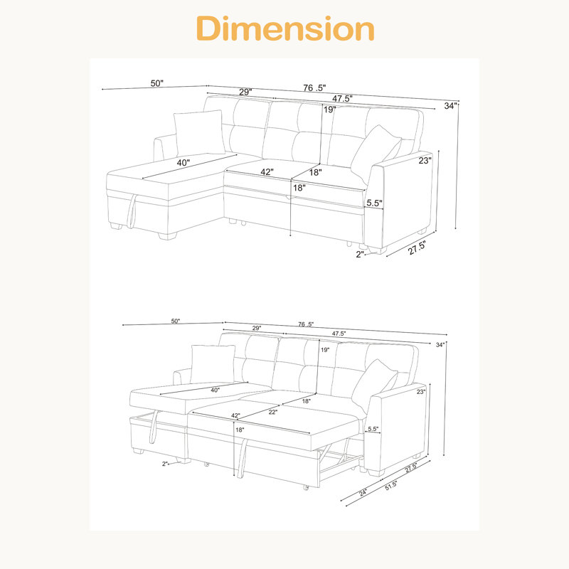Canapé modulaire 76,5 po en mélange de lin avec lit escamotable et méridienne, Bleu très foncé