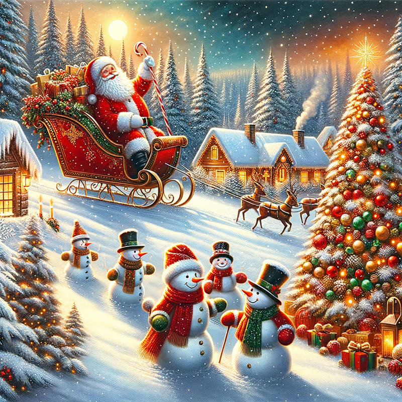 «Santa's Twilight Sleigh Ride over Snowy Village», reproduction sur toile tendue, H 20 po x l 20 po x P 1,5 po