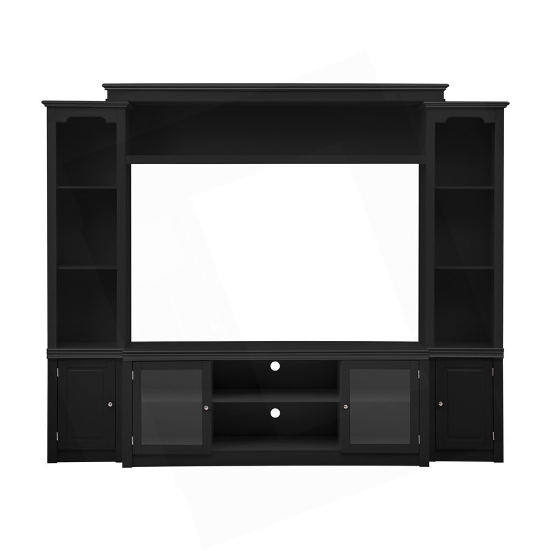 Meuble télé tout-en-un moderne avec bibliothèque pour téléviseur de 65 po ou moins, centre de divertissement avec 4 tablettes réglables, portes en verre trempé et grand espace de rangement