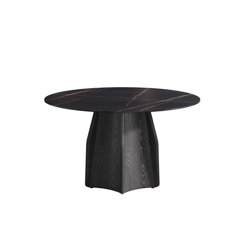 Table de salle à manger contemporaine en marbre artificiel rond avec base en bois massif texturé noir pour 6 à 8 personnes