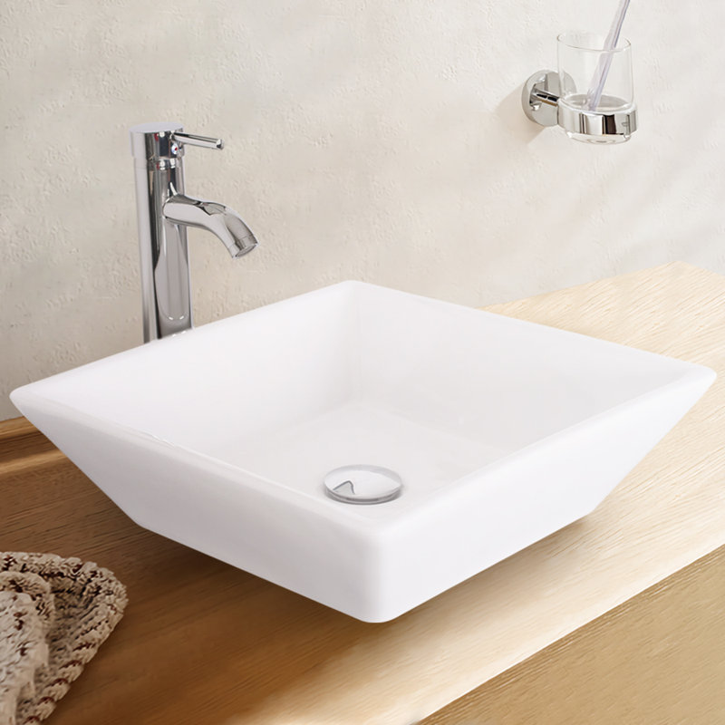 ECLIFE Manrique 16.25'' White Ceramic Square Bathroom Sink with Faucet